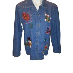 Victoria Jones Christmas Womens Small Blue Shirt Embroidered Long Sleeve